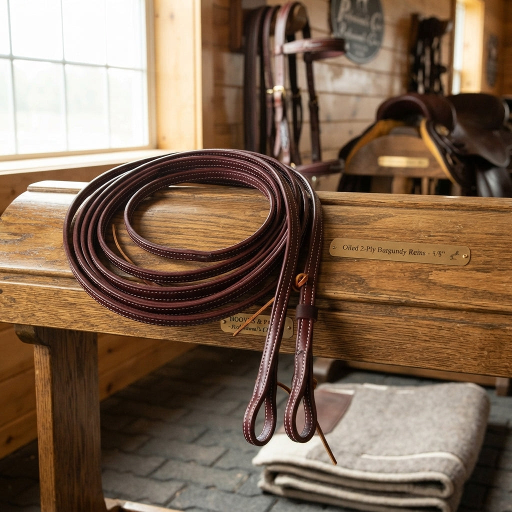 Lifestyle photo of Professional's Choice Oiled 2-Ply Burgundy Leather Reins - 5/8" Width