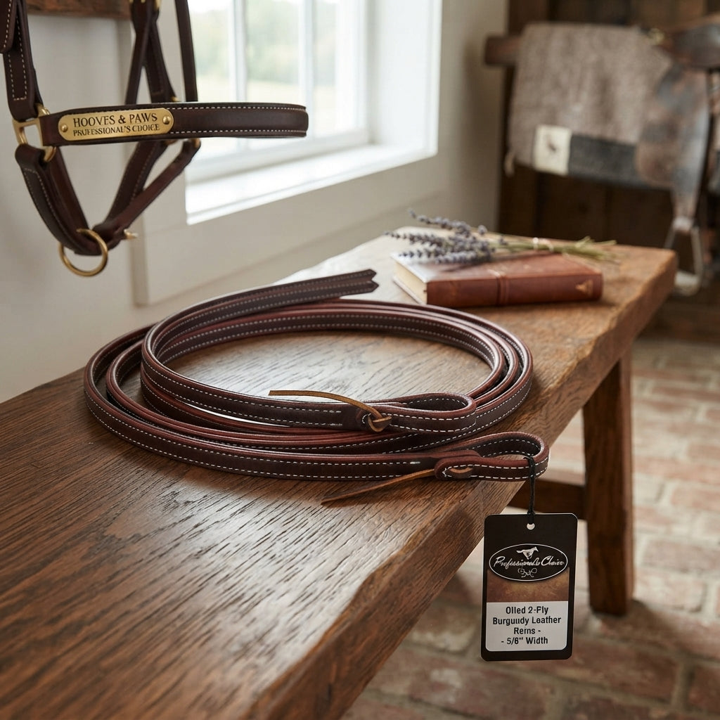 Lifestyle photo of Professional's Choice Oiled 2-Ply Burgundy Leather Reins - 5/8" Width