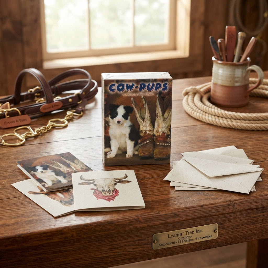 Lifestyle photo of Leanin' Tree Inc Cow Pups 12-Count Note Card Assortment - 4 Designs, Blank Inside with Envelopes, Recycled Paper
