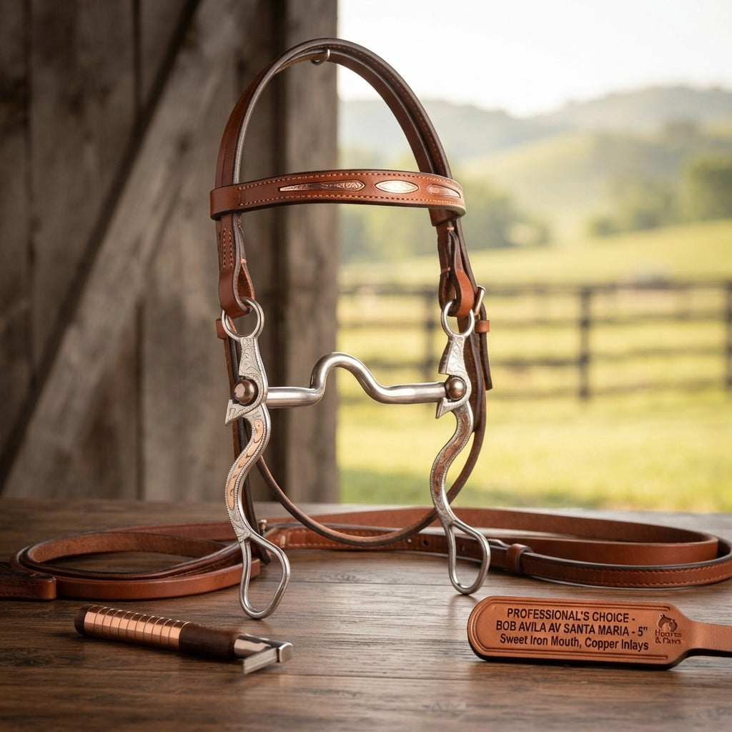 Lifestyle photo of Professional's Choice Bob Avila AV Santa Maria Spanish Horse Bit - 5" Sweet Iron Mouth, Copper Inlays, 7.25" Shanks