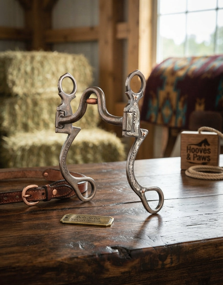 Lifestyle photo of Professional's Choice Bob Avila Seven Shank Medium Port Roller Western Horse Bit - Sweet Iron & Copper, 2" Port