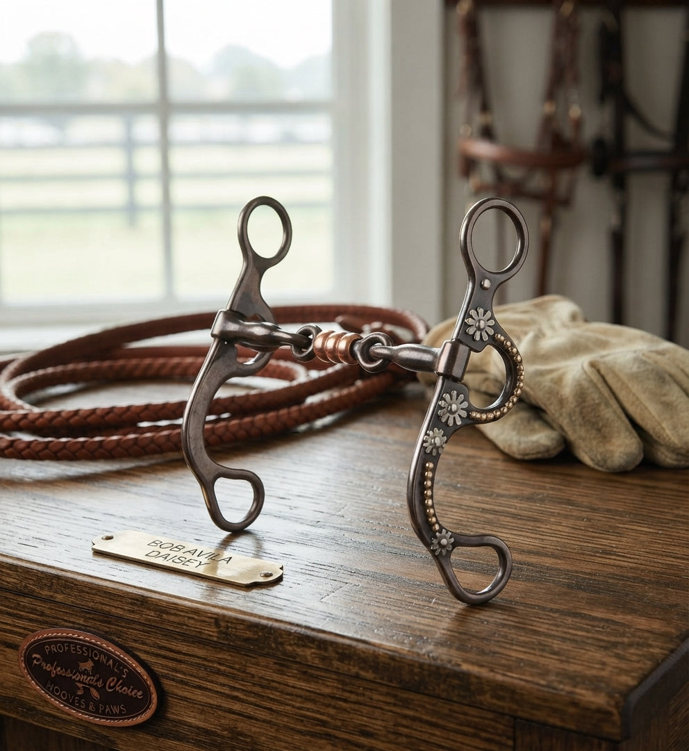 Lifestyle photo of Professional's Choice Bob Avila Daisy Three-Piece Dogbone Horse Bit - 5" Sweet Iron Mouthpiece, Copper Roller, 6" Shank