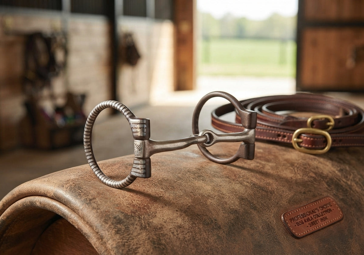 Lifestyle photo of Professional's Choice Bob Avila AV D-Ring Snaffle Horse Bit - 5" Sweet Iron Mouthpiece, 3.5" Rings, Silver Accents