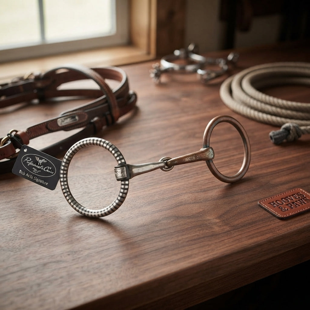 Lifestyle photo of Professional's Choice Bob Avila O-Ring Snaffle Horse Bit - 5" Sweet Iron & Copper Mouthpiece, 3.5" Rings, Silver Inlay