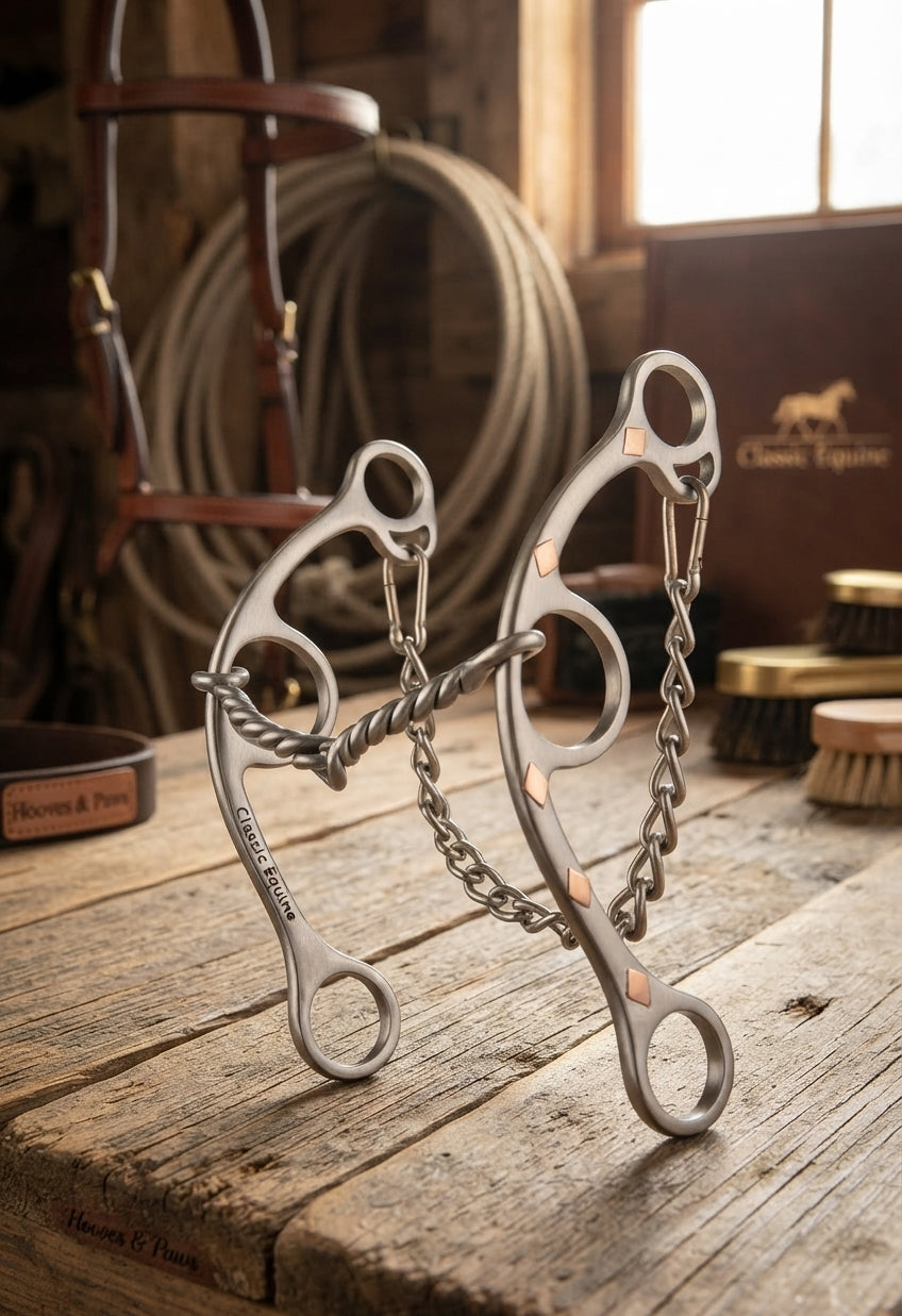 Lifestyle photo of Classic Equine Sherry Cervi Twisted Wire Snaffle Gag Bit - Long Shank Horse Bit