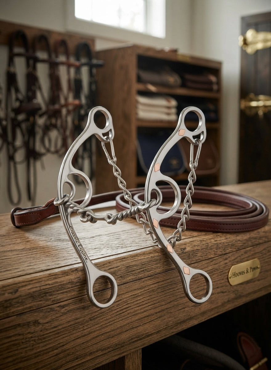 Lifestyle photo of Classic Equine Sherry Cervi Signature Collection Gag Bit - Long Shank, Twisted Wire Dogbone, Stainless Steel