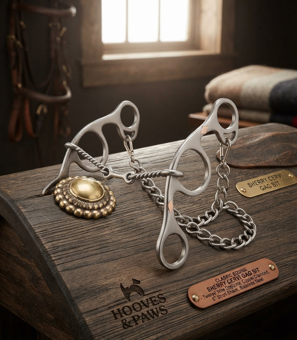 Lifestyle photo of Classic Equine Sherry Cervi Gag Bit - Twisted Wire Dogbone, Copper Diamond, 6" Short Shank, Stainless Steel