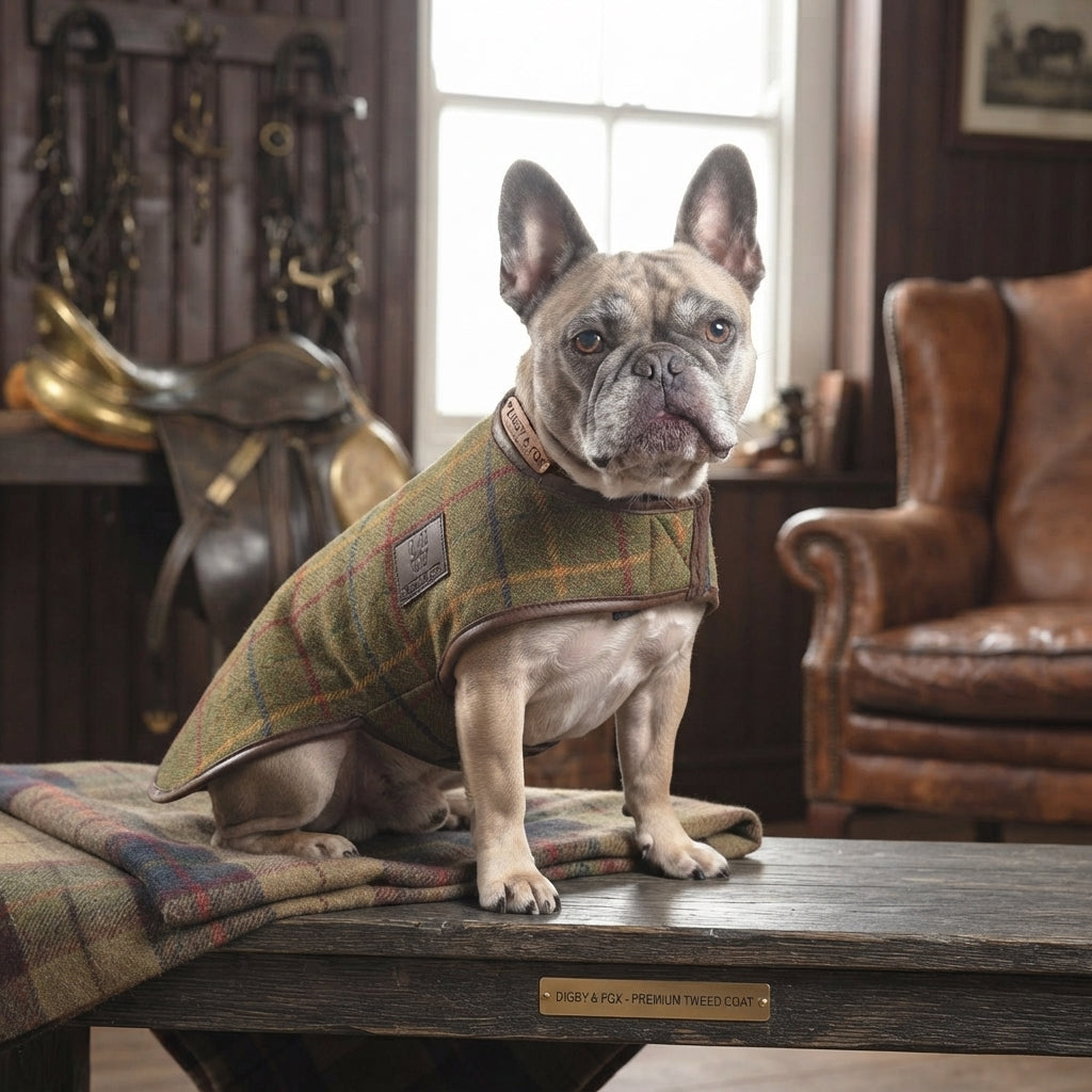 Lifestyle photo of Shires Digby & Fox Premium Tweed Dog Coat - Red, Yellow & Blue Check Patterned Winter Jacket