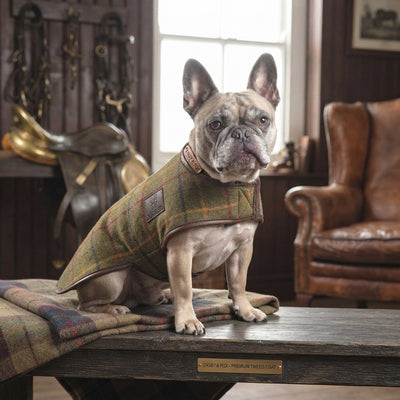 Lifestyle photo of Shires Digby & Fox Premium Tweed Dog Coat - Red, Yellow & Blue Check Patterned Winter Jacket