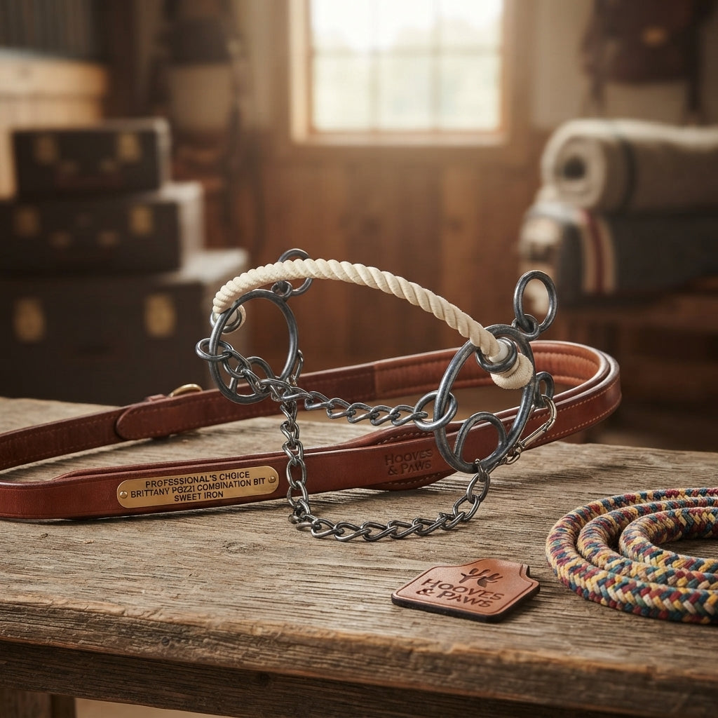 Lifestyle photo of Professional's Choice Brittany Pozzi Combination Chain Bit - Sweet Iron, 3" Ring Gag, Rope Noseband, 10-12" Adjustable