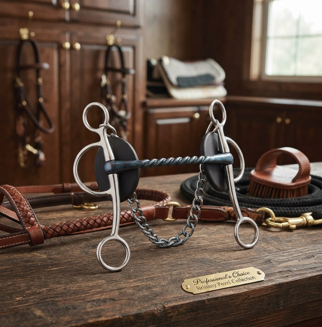 Lifestyle photo of Professional's Choice Brittany Pozzi Collection Three Piece Twisted Wire Snaffle Horse Bit - Sweet Iron