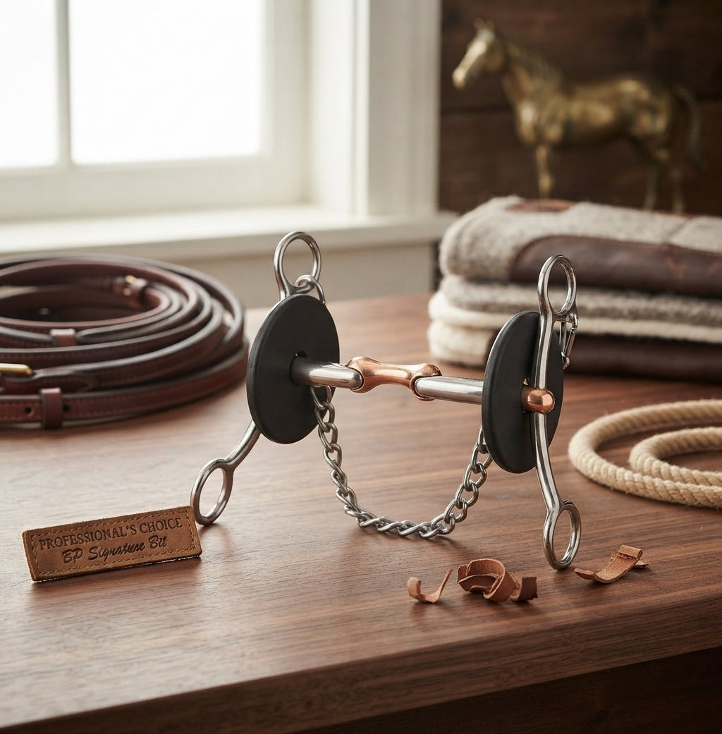 Lifestyle photo of Professional's Choice Brittany Pozzi Three Piece Smooth Dog Bone Horse Bit - Copper Roller & Short Gag