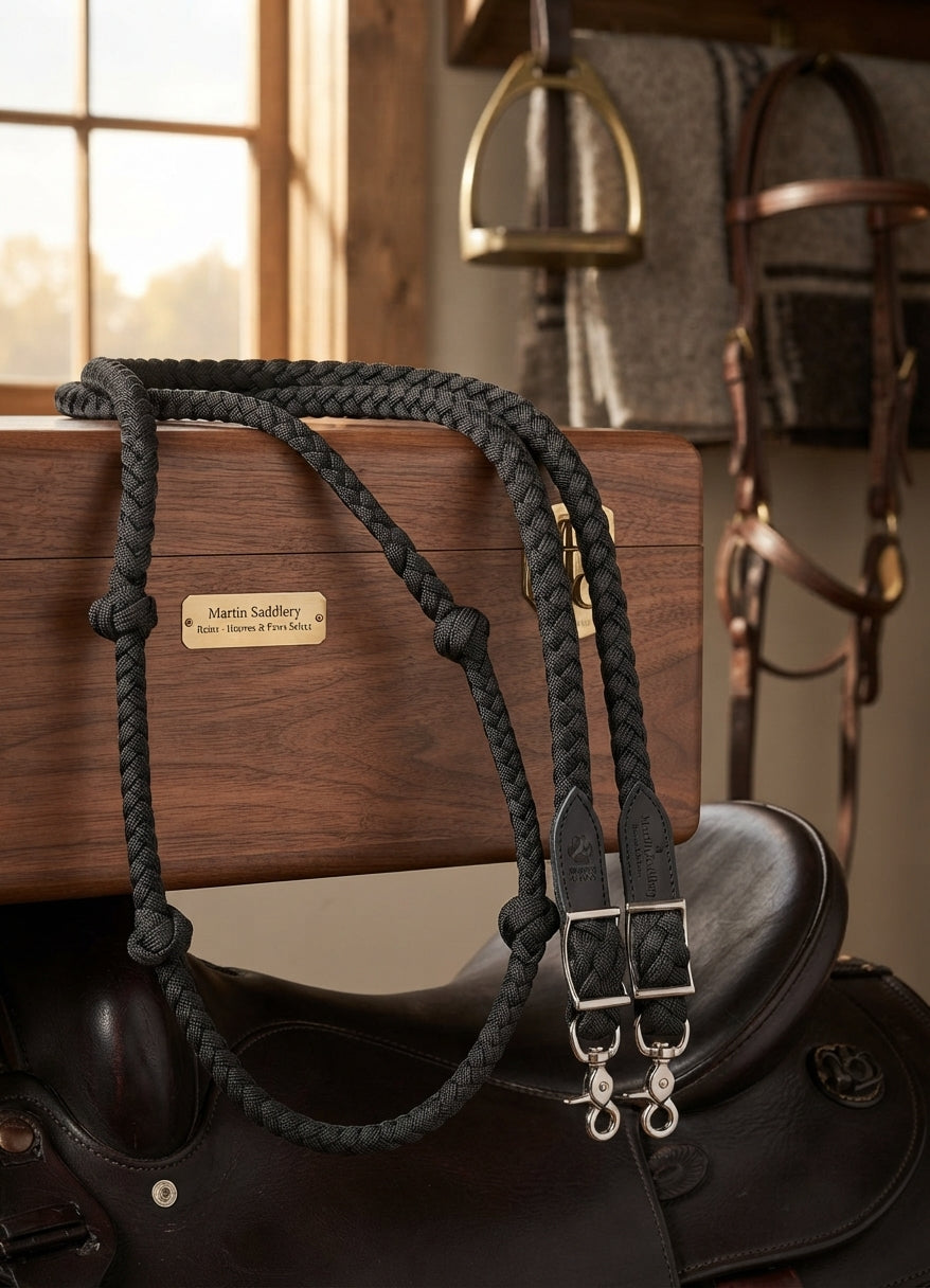 Lifestyle photo of Martin Saddlery Braided Nylon Barrel Rein - Non-Slip Knotted Grip & Double Snap Ends, Black