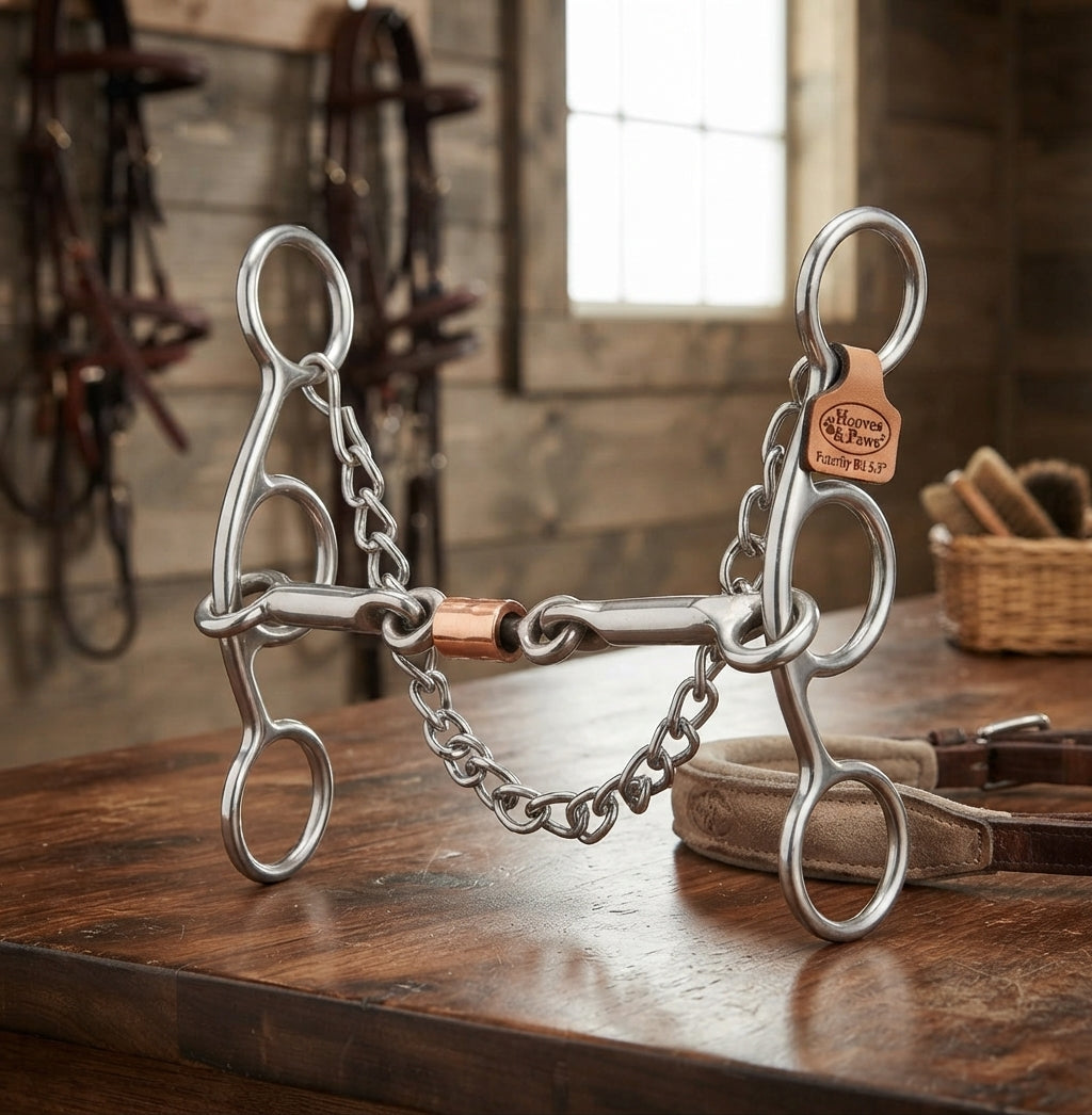 Lifestyle photo of Professional's Choice Futurity Bit - 5.5" 3-Piece Smooth Dog-Bone with Copper Roller, Short Gag