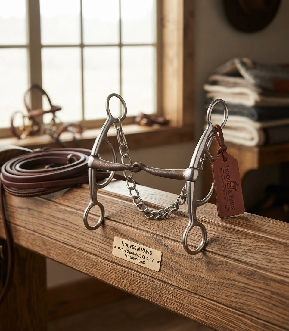 Lifestyle photo of Professional's Choice Futurity Gag Snaffle Horse Bit - 5 3/4" Sweet Iron Mouth, 6.5" Shank