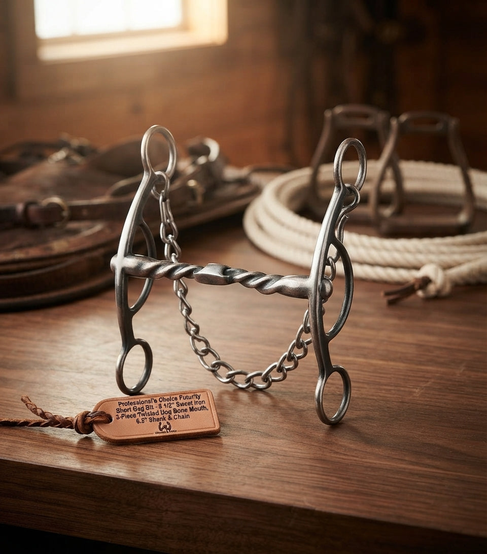 Lifestyle photo of Professional's Choice Futurity Short Gag Bit - 5 1/2" Sweet Iron 3-Piece Twisted Dog Bone Mouth, 6.5" Shank & Chain