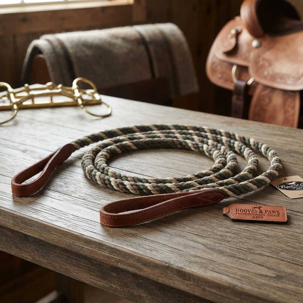 Lifestyle photo of Professional's Choice 6690 Braided Poly Rope Roping Reins with Leather Waterloops - 8ft x 3/8in - Olive/Brown/Jute