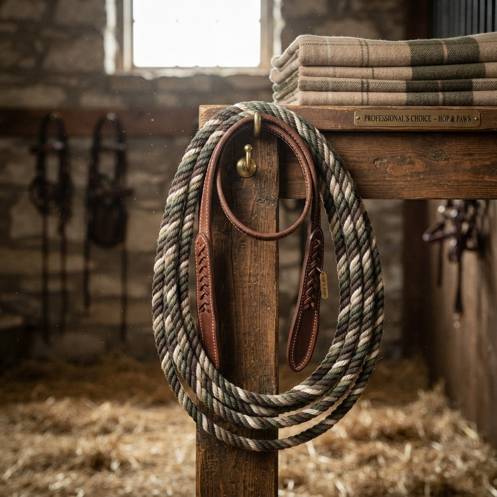 Lifestyle photo of Professional's Choice 6690 Braided Poly Rope Roping Reins with Leather Waterloops - 8ft x 3/8in - Olive/Brown/Jute