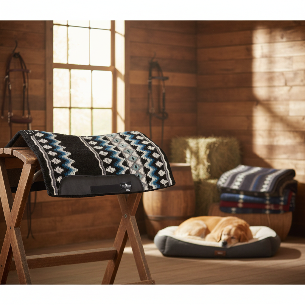 Blanket Top Western Saddle Pad - 1/2-Inch Natural Wool Felt, Hand-Woven Top, Contoured Spine & Wither Relief