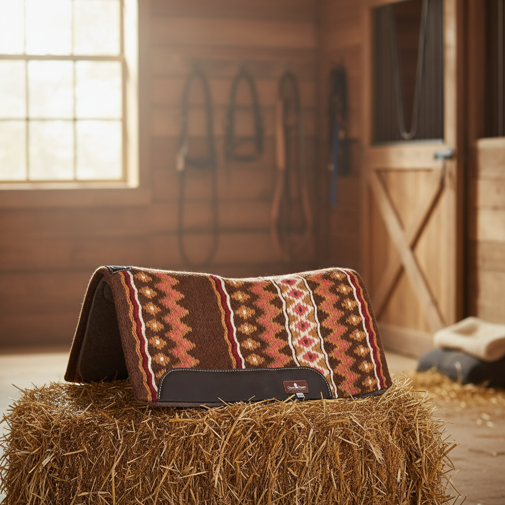 Blanket Top Western Saddle Pad - 1/2-Inch Natural Wool Felt, Hand-Woven Top, Contoured Spine & Wither Relief