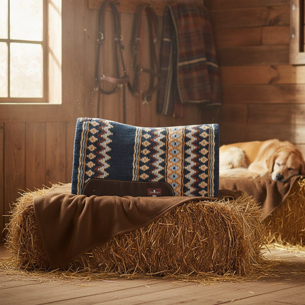 Blanket Top Western Saddle Pad - 1/2-Inch Natural Wool Felt, Hand-Woven Top, Contoured Spine & Wither Relief