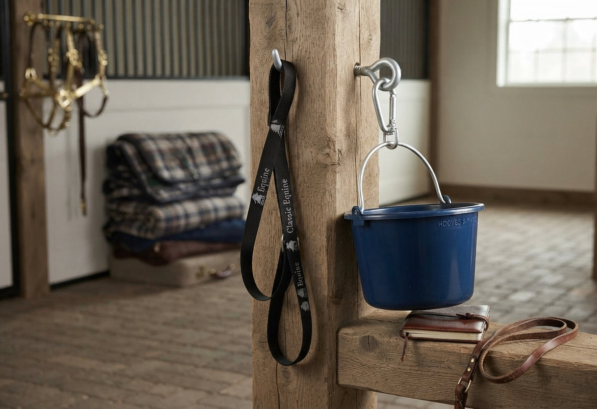 Lifestyle photo of Classic Equine Bucket Strap - Heavy-Duty Nylon Horse Feed Bucket Hanger, 150 lb Capacity, Aluminum Snap