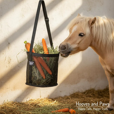 Horse interacting with a black mesh bag filled with carrots and hay, with 'Hooves and Paws' branding.