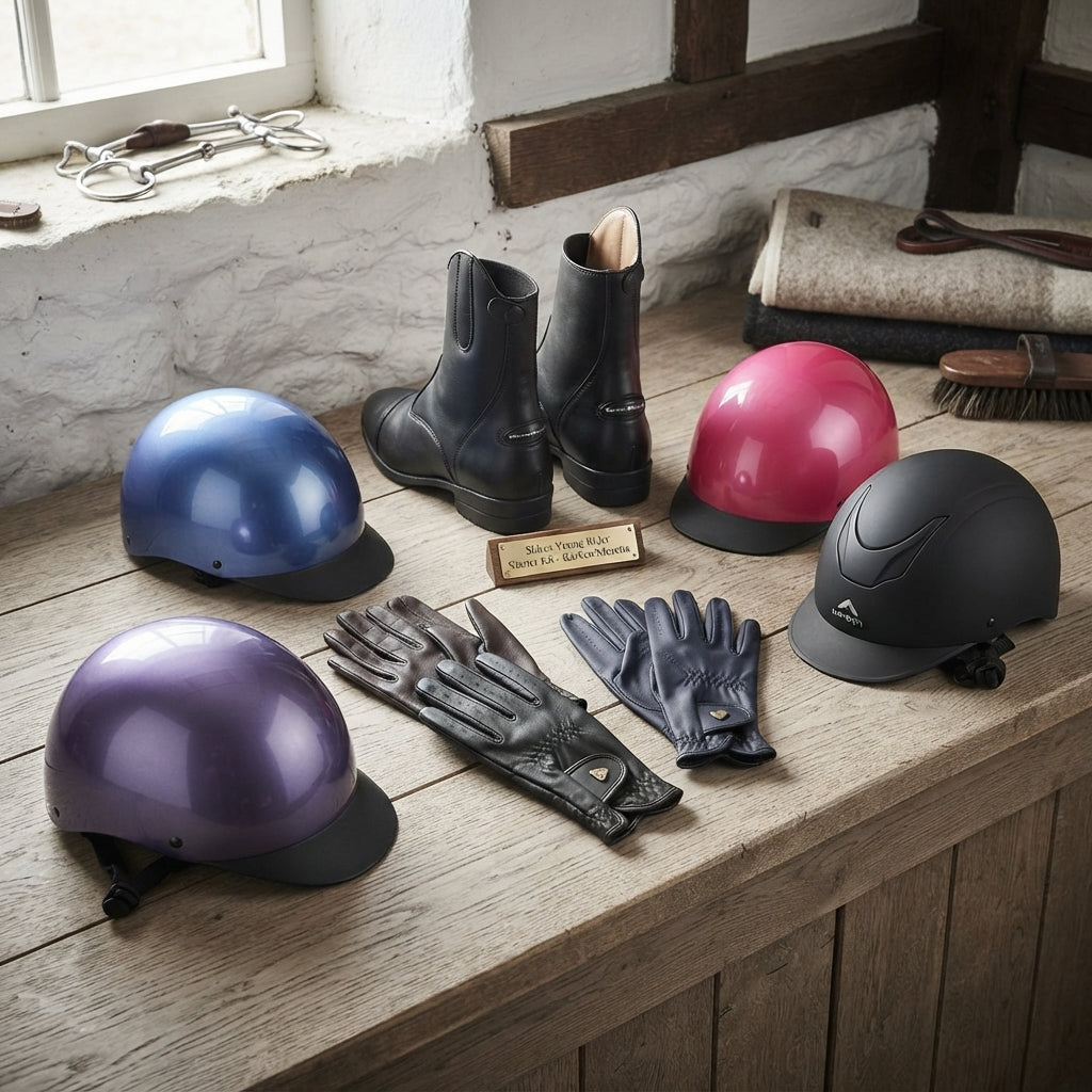 Lifestyle photo of Shires Young Rider Starter Kit Bundle - Karben Helmet, Moretta Clio Boots & Child Gloves - Multiple Sizes