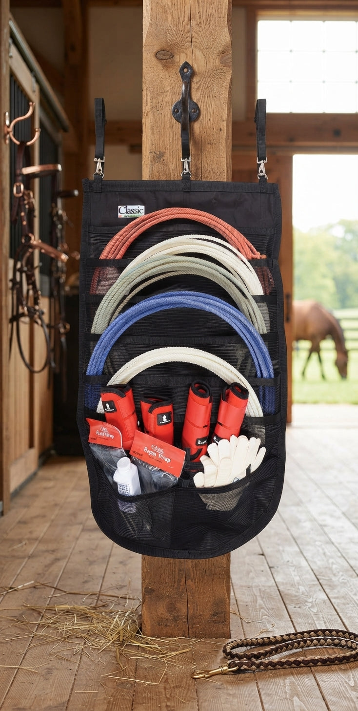 Lifestyle photo of Classic Equine Hanging Rope Organizer - 18 Rope Capacity, 600D Poly, 7 Accessory Pockets