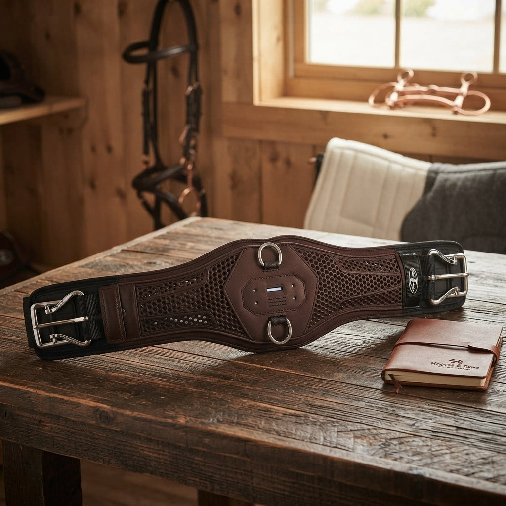 Lifestyle photo of Professional's Choice VenTECH Contoured Cinch - 26" Chocolate Breathable Non-Slip Horse Cinch with Stainless Steel Buckles