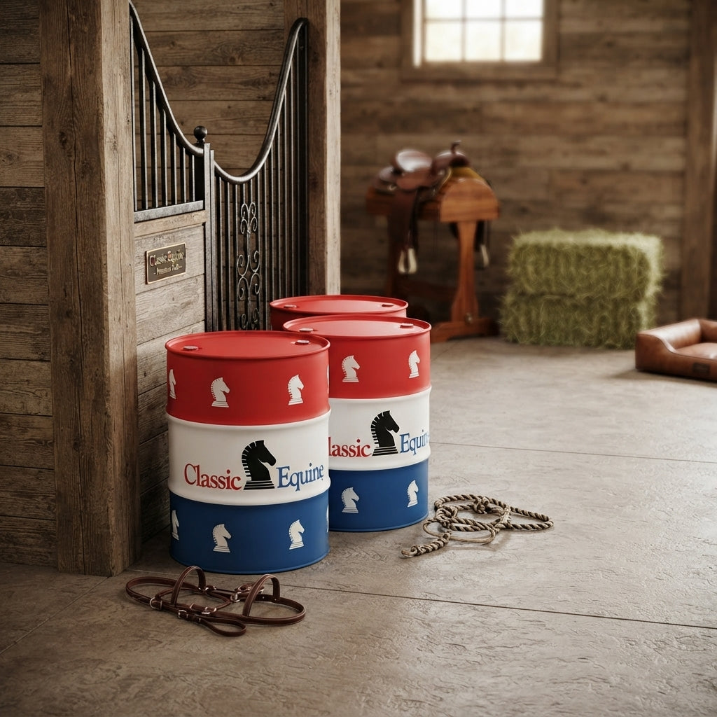 Lifestyle photo of Classic Equine Heavy-Duty Vinyl Barrel Covers - Set of 3 - Fits Standard 44-Gallon Barrels