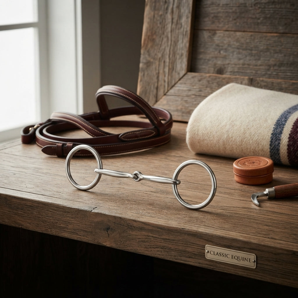 Lifestyle photo of Classic Equine O-Ring Smooth Snaffle Bit - Loose Ring Horse Training Bit with Polished Bars