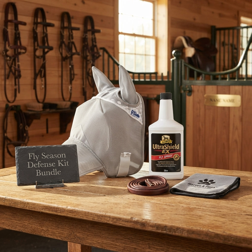 Lifestyle photo of Fly Season Defense Kit Bundle - Cashel Crusader Fly Mask + UltraShield EX Fly Spray