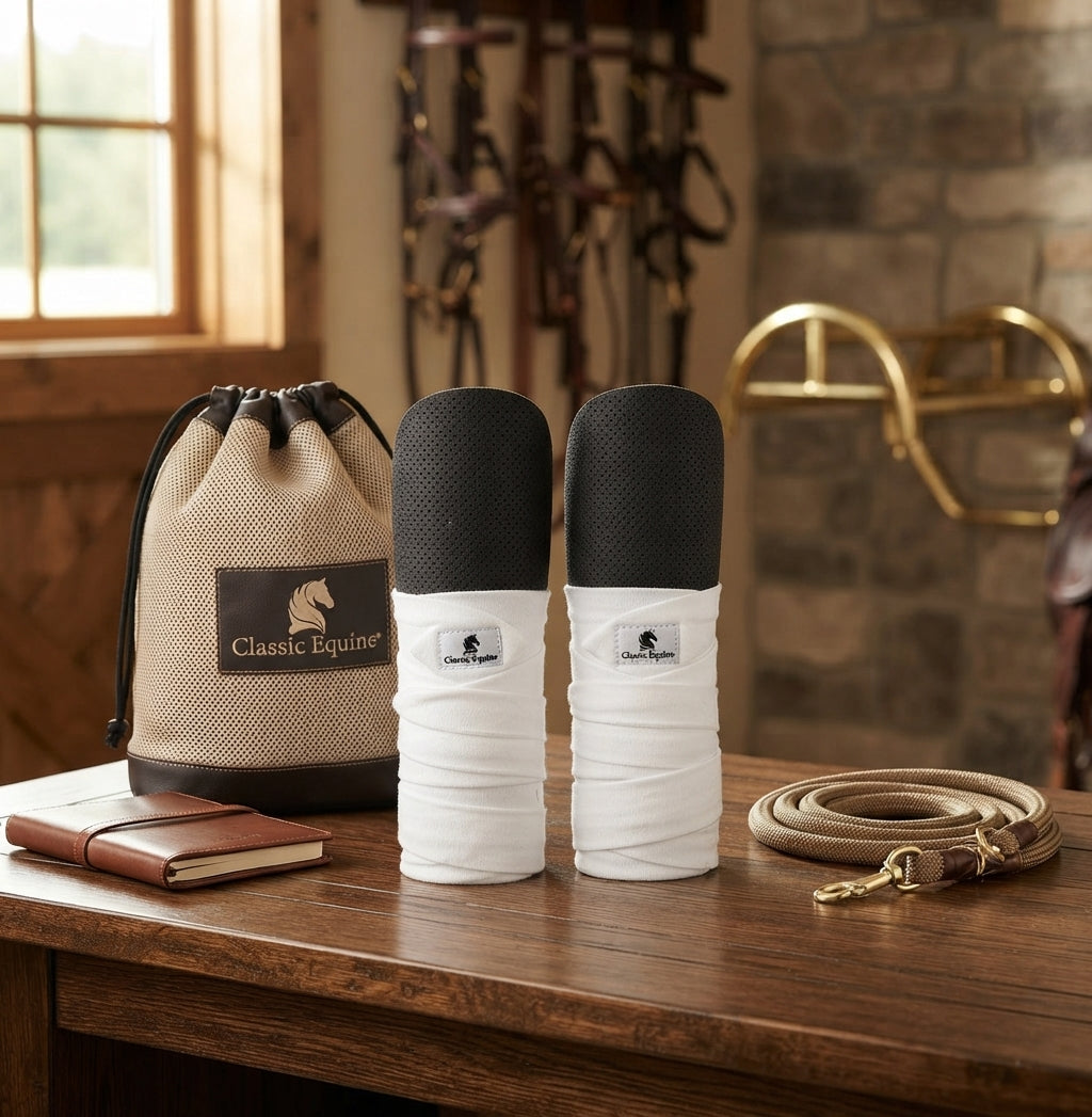 Lifestyle photo of Classic Equine Knee Guard - Set of 2 Breathable Perforated Foam Horse Knee Pads with Carry Bag