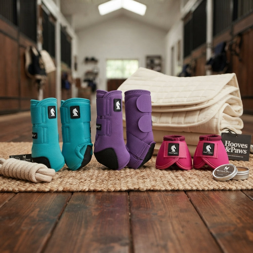 Lifestyle photo of Classic Equine Legacy2 Complete Set Bundle - Front & Rear Sport Boots 4-Pack + Dyno No-Turn Bell Boots