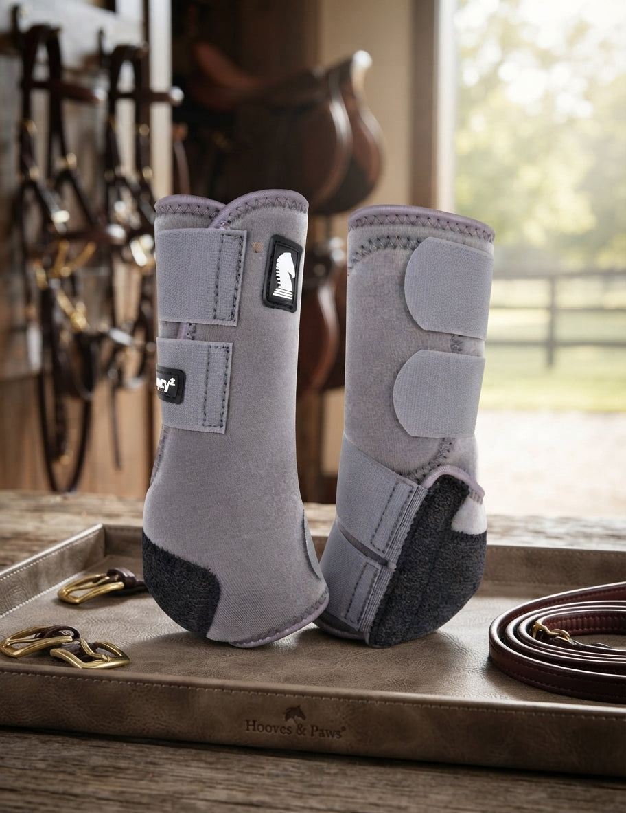 Lifestyle photo of Classic Equine Legacy2 Protective Hind Boots with Fetlock Cradle System - Steel Grey, Small