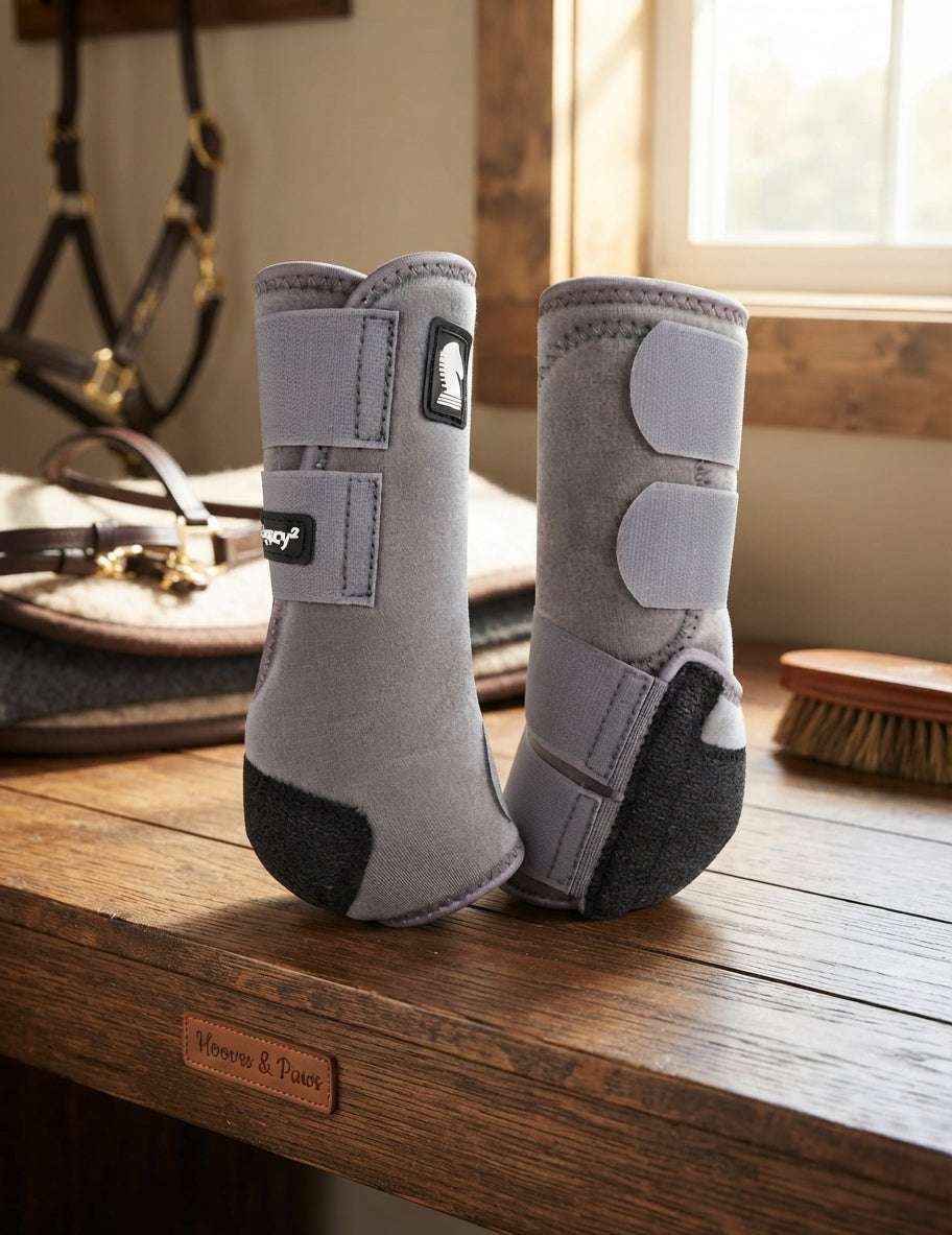 Lifestyle photo of Classic Equine Legacy2 Protective Hind Boots with Fetlock Cradle System - Steel Grey, Small