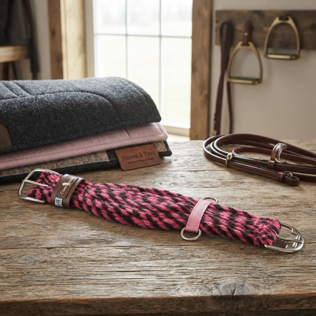 Lifestyle photo of Classic Equine Pink & Black Mohair Cinch - 27-Strand 100% Mohair Western Horse Cinch