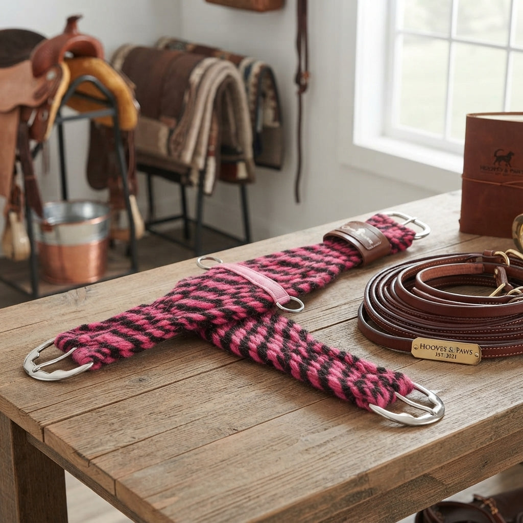 Lifestyle photo of Classic Equine Pink & Black Mohair Cinch - 27-Strand 100% Mohair Western Horse Cinch