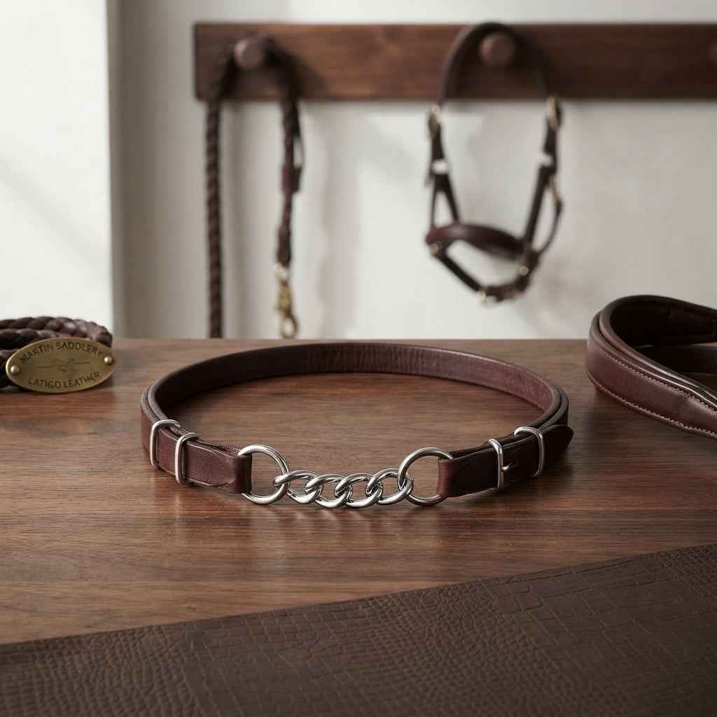 Lifestyle photo of Martin Saddlery Latigo Leather Curb Strap - 3-Link Stainless Steel Chain - Premium Horse Tack