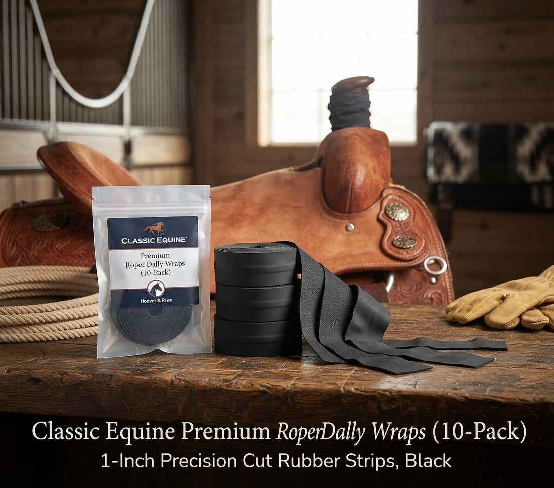 Lifestyle photo of Classic Equine Premium Roper Dally Wraps (10-Pack) - 1-Inch Precision Cut Rubber Strips, Black