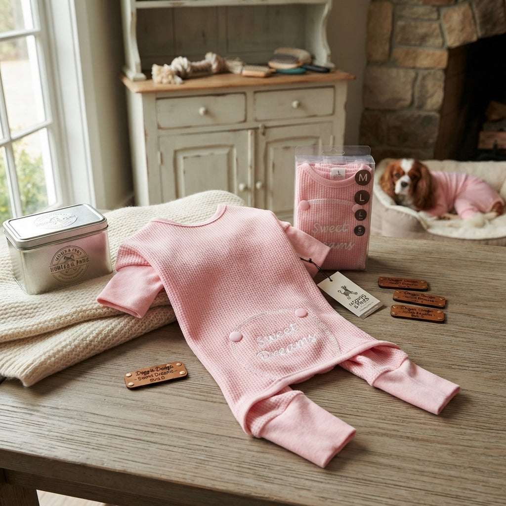 Lifestyle photo of Doggie Design Sweet Dreams Dog Thermal Pajamas - Pink Embroidered Long Johns - Multiple Sizes