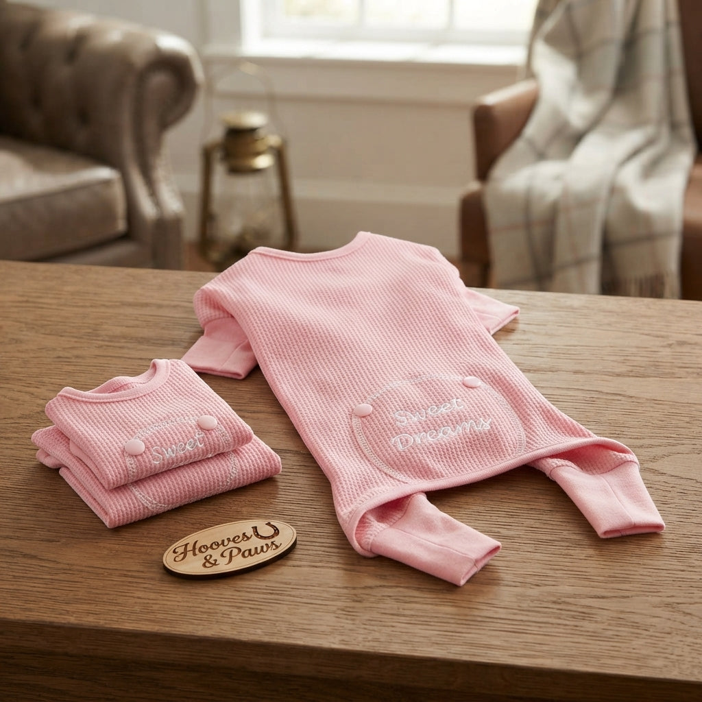 Lifestyle photo of Doggie Design Sweet Dreams Dog Thermal Pajamas - Pink Embroidered Long Johns - Multiple Sizes