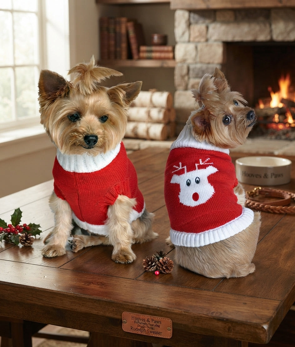 Lifestyle photo of Doggie Design Red Rudolph Holiday Dog Sweater - Extra-Thick Acrylic Knit - Multiple Sizes