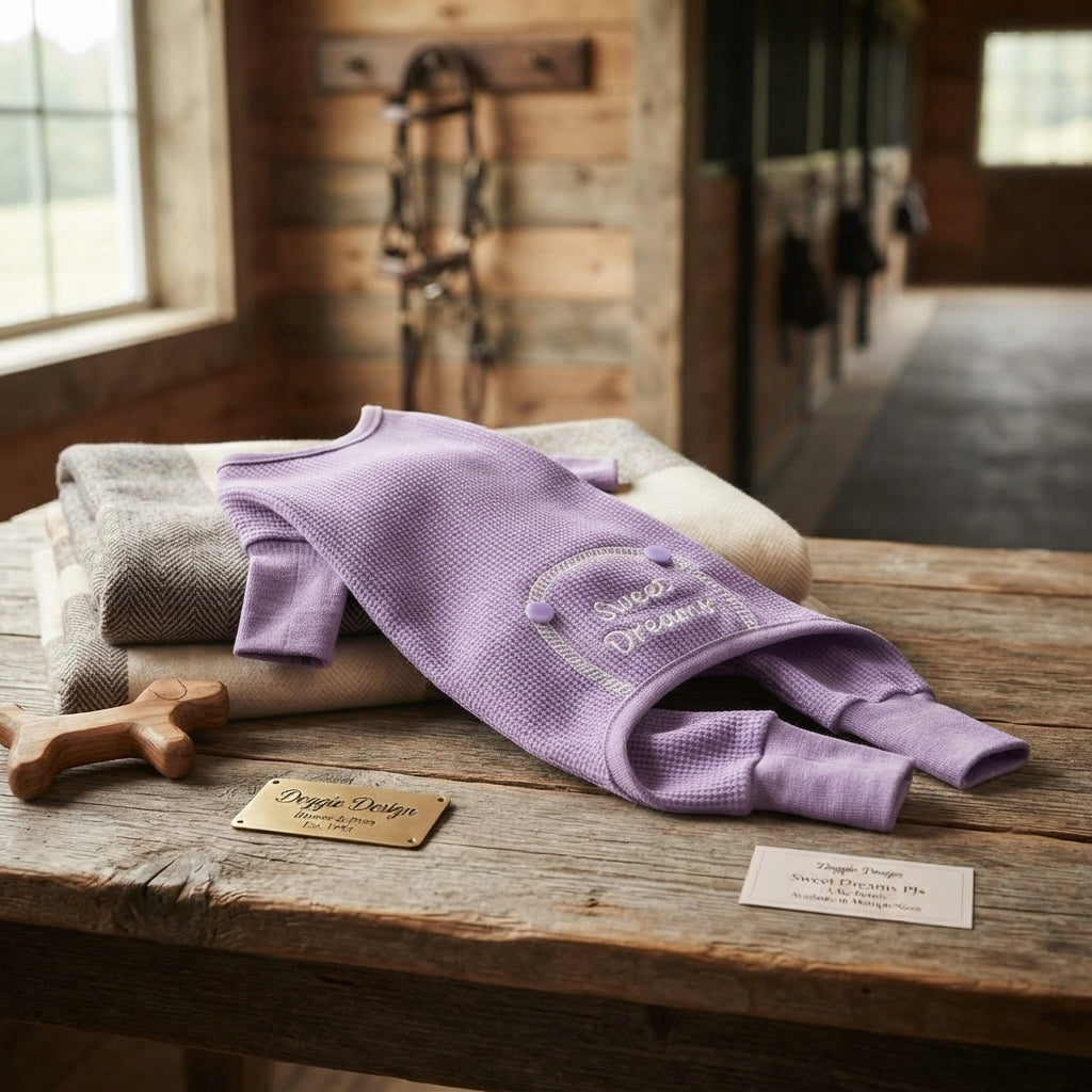 Lifestyle photo of Doggie Design Sweet Dreams Dog Thermal Pajamas Long Johns - Lilac Purple - Multiple Sizes