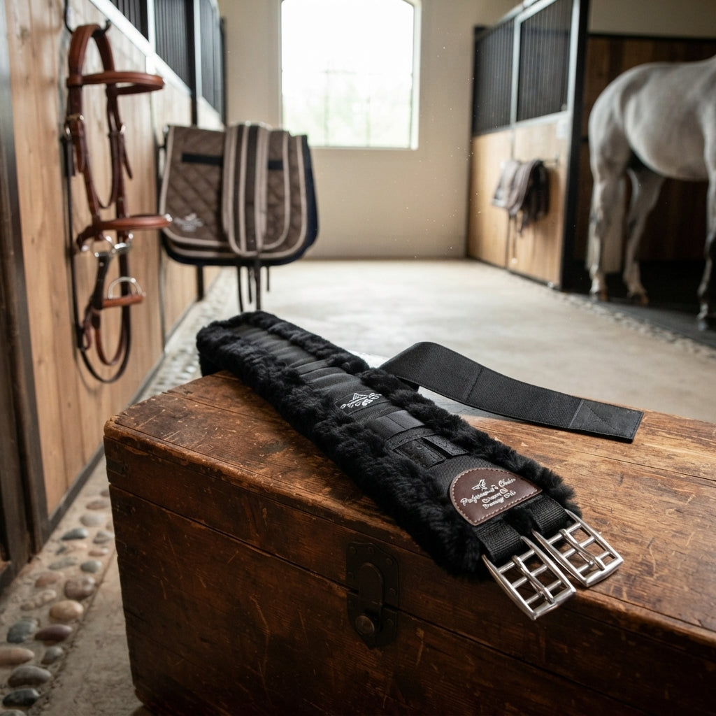 Lifestyle photo of Professional's Choice SMX Comfort Fit Dressage Girth - Shearling Lined, Black, Breathable, Stainless Steel Buckles