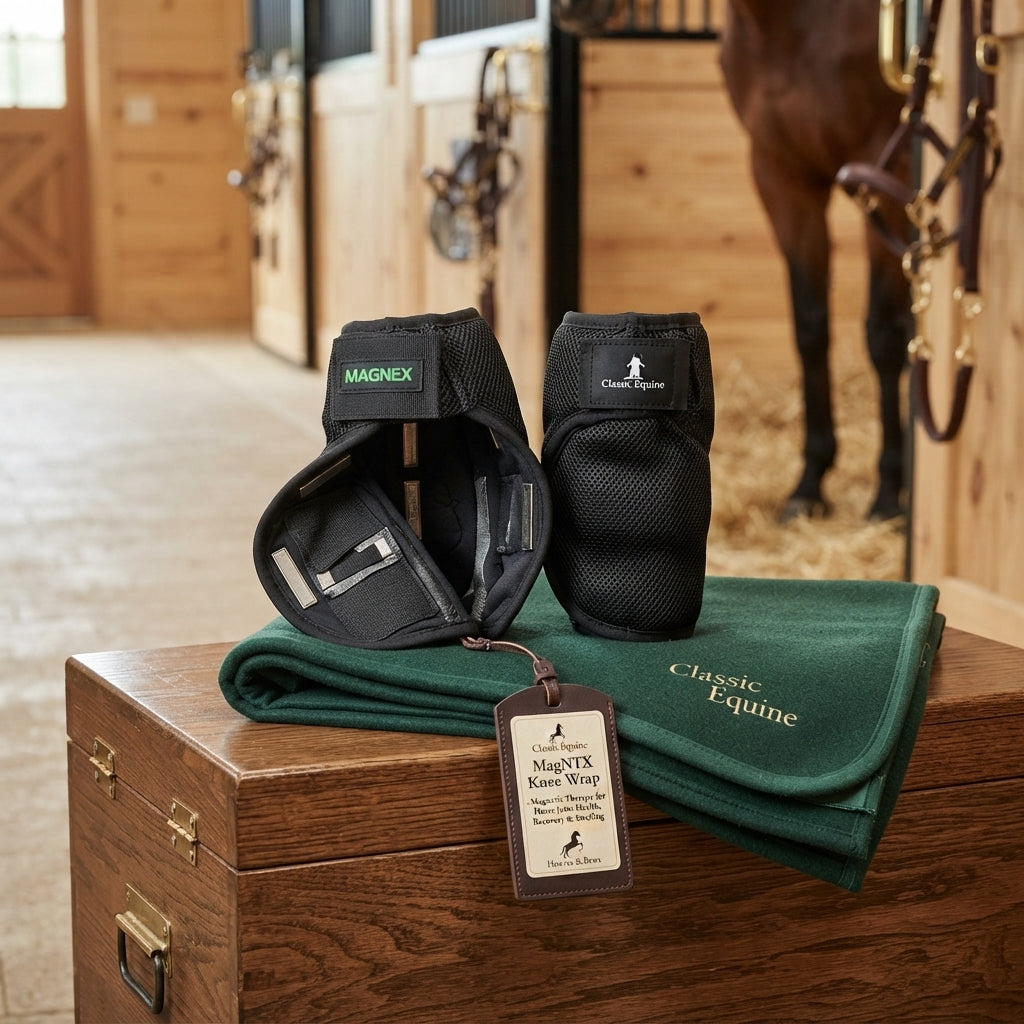 Lifestyle photo of Classic Equine MagNTX Knee Wrap - Magnetic Therapy for Horse Joint Health, Recovery & Swelling