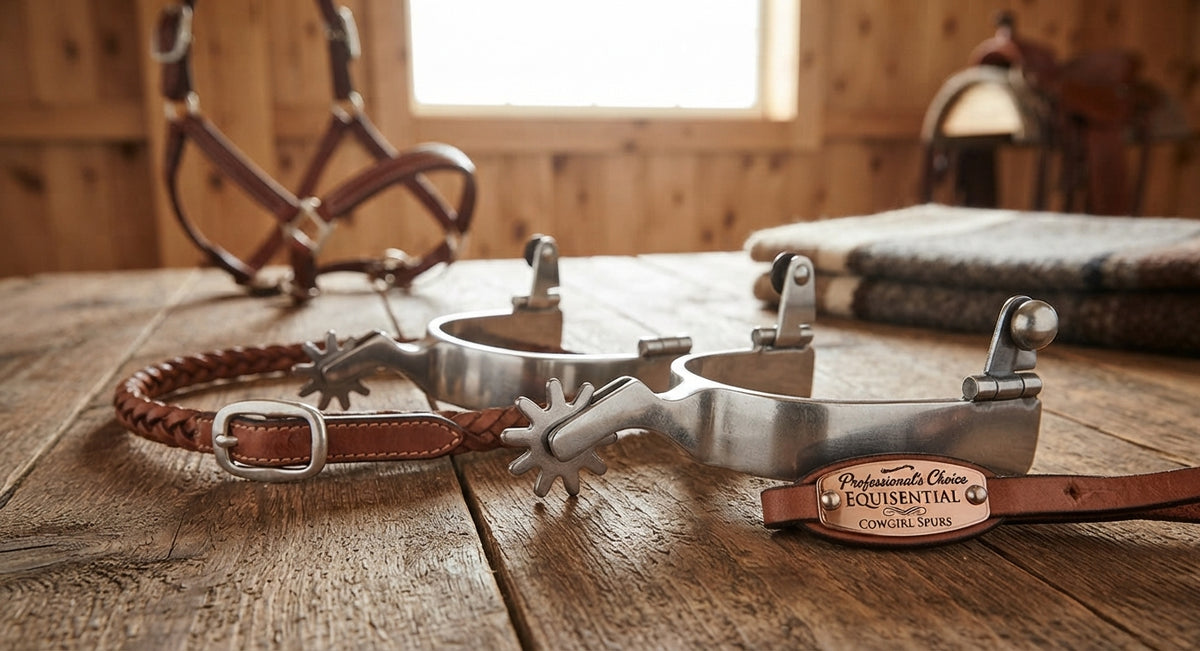 Lifestyle photo of Professional's Choice Equisential Cowgirl Spurs - Polished Steel Western Riding Spurs with Rounded 10-Point Rowel
