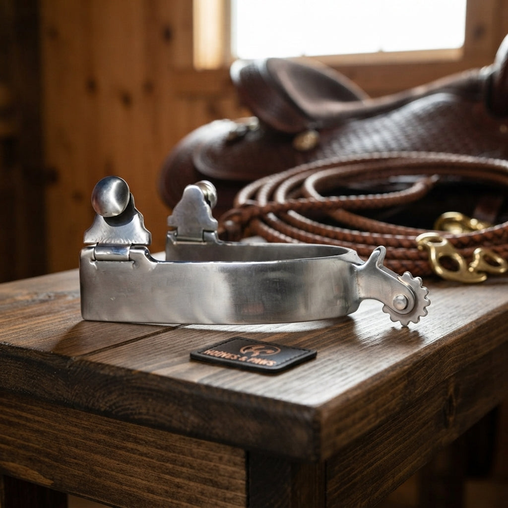 Lifestyle photo of Professional's Choice Equisential Short Shank Spurs with 6-Point Rosebud Rowel - 1" Shank, 3/4" Band