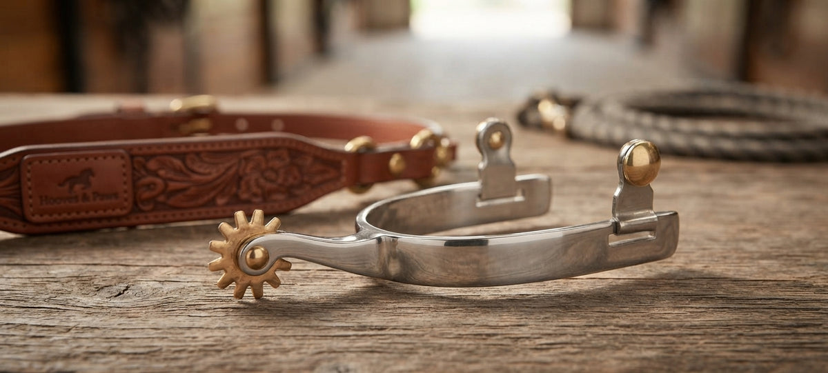 Lifestyle photo of Professional's Choice Eq Horseman Western Spurs - Polished Steel, 2" Shank, 3/4" Band, Rounded Button Rowel